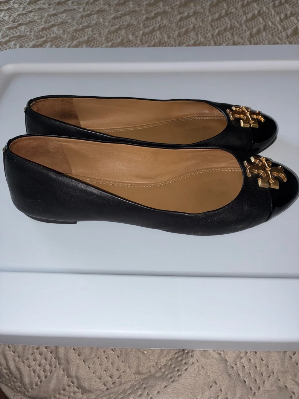 Tory Burch Black Leather Gold Logo Cap-Toe Flats